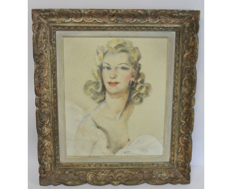 Continental School, First Half 20th Century. Portrait of a beauty. Mixed media on paper. 45cm x 37cm. Indistinctly signed Geo