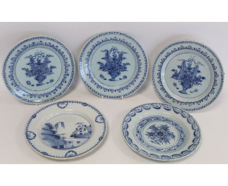 Collection of five antique blue and white Delft tin glazed plates; one decorated with a Chinese lake scene, 24cm diam.; one w