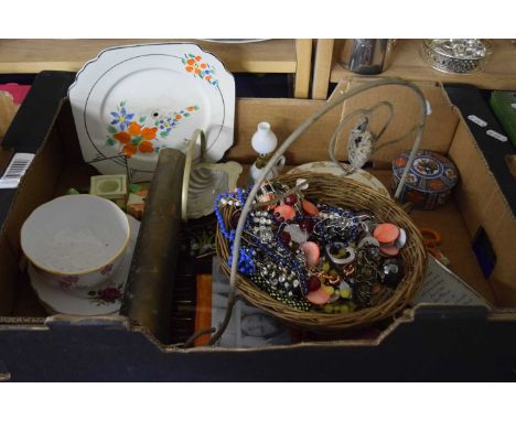 Box containing various clearance sundries including basket of costume jewellery, vintage brass shell etc