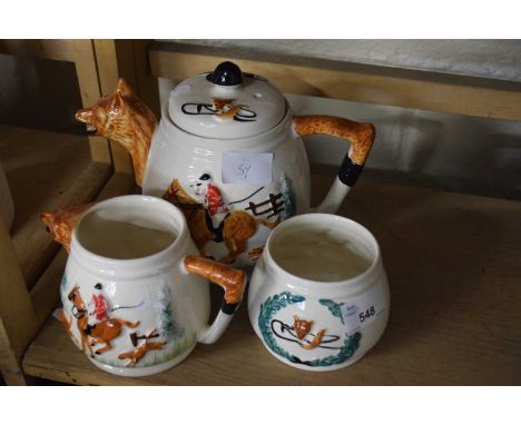 Three piece hunting interest tea set comprising teapot, milk jug and sugar bowl