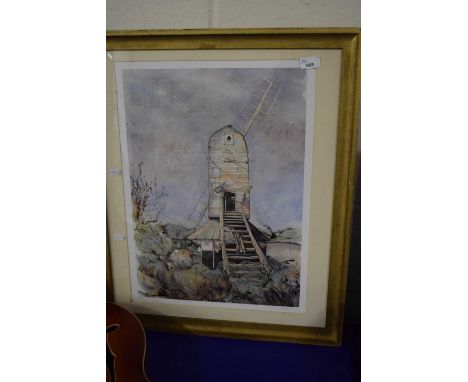 Framed limited edition print after J W Cotton of a windmill