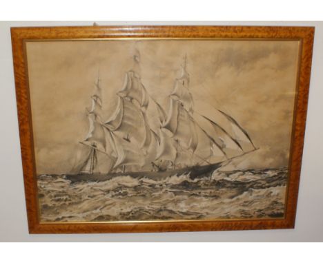 Large maple framed pencil sketch of a ship at sea, signed Henry Young 1945, 41 x 31 