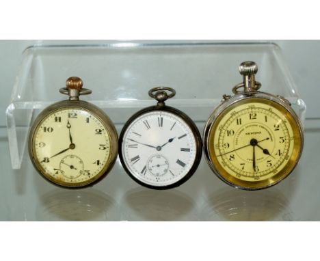 3 Watches, Sterling silver pocket watch Birmingham 1876, Bentima swiss centre sceonds recorder stop watch and 1 other top win