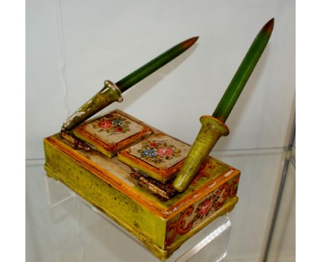 Stunning Hand painted desk top inkwell and pen stand with pens and inkwells