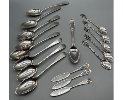 A Collection of Edinburgh and Glasgow silver flat wares includes a set of 8 Georgian Glasgow silver tea spoons produced by Wi