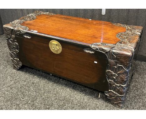 19th century camphor wood trunk with carved foliate design throughout [51.5x121.5x53cm] 