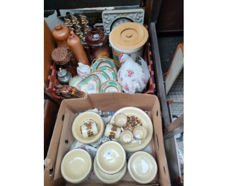Large crate of collectables and porcelain to include Bols Genever gin bottle, Rumptopf fruit &amp; rum jar, model boat, oil l