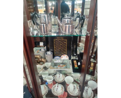 3 shelves of collectables includes paragon tea service, Swarovski crystal swan, silver plated tea service 