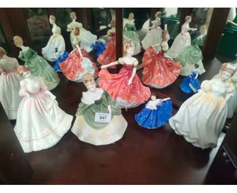 A Shelf of 5 Royal doulton figures includes soirée, yours forever, Natalie, Elaine and Ninette 