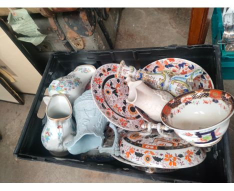 Large crate of Victorian porcelain to include Eglinton tournament jug, Ashworth ironstone plates and a pair of Victorian J&am