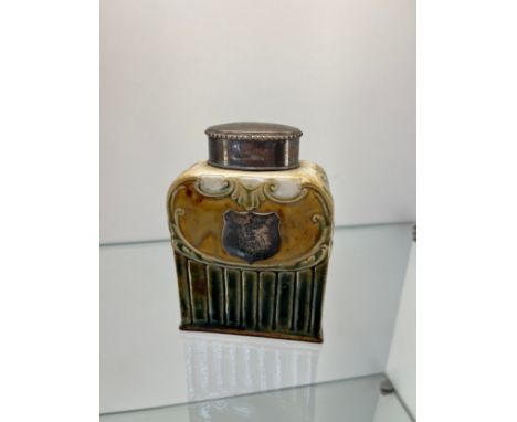 Antique Doulton Lambeth and Silver topped and cartouche tea caddy. with saying 'Honest Tea is the best policy' Chester silver