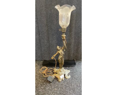 Art Nouveau spelter figural table lamp and shade. 