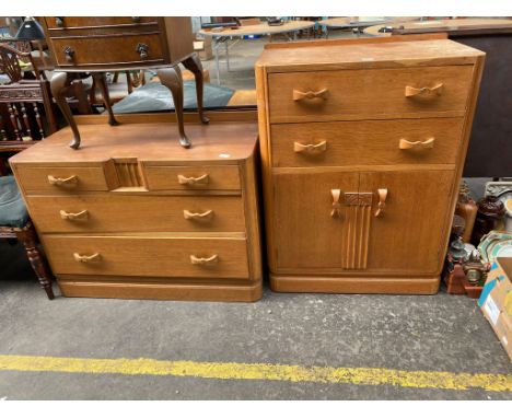 Art deco light oak two drawer tallboy and four drawer chest of drawers 
