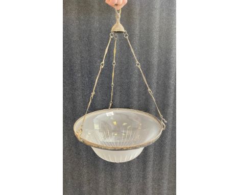 Art deco frosted glass etched domed ceiling light comes with original hanging chains and brackets. 