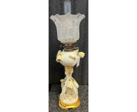 19th century Moore pottery highly decorative paraffin lamp, with acid etched shade [as found in areas] [74cm] 