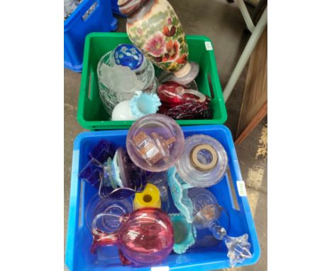 Two boxes of art glass to include Victorian glass oil lamp base, Victorian cranberry glass jug, milk glass and handkerchief g