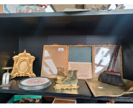Shelf of antique gilt framing to include brass eastern themed frames, brass postal scales, brass boots and victorian porcelai
