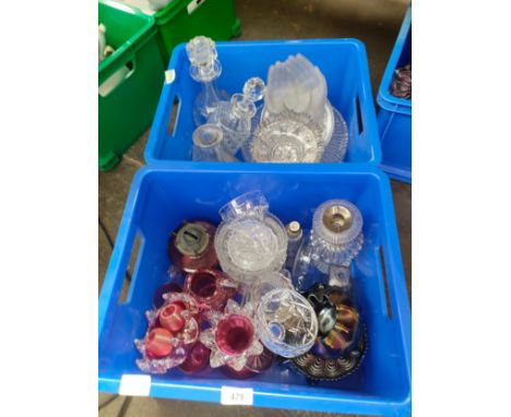 Two boxes of art glass and crystal to include glass oil lamp bases, decanters and Victorian cranberry glass.