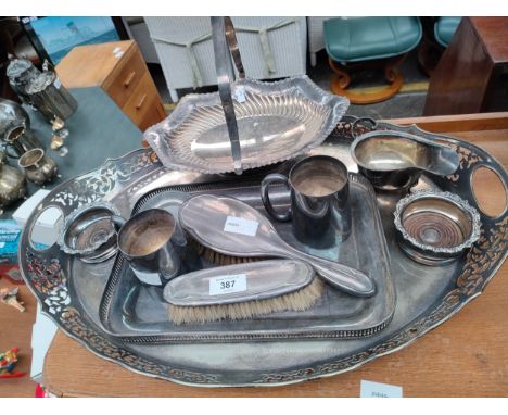 Selection of silver plated ware to include large silver plated gallery tray, swing handled basket, Birmingham silver gravy bo