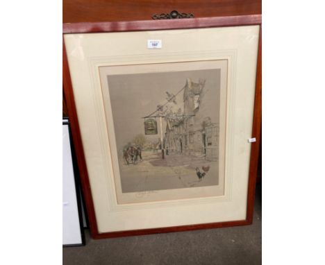 Coloured print by Cecil Aldin- signed by the artist. Together with two 19th century etchings depicting harbour city scenes. 