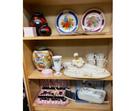 Three shelves of collectable odds to include Two Poole pottery bulbous vases, 5 Royal Doulton Floral design plates, Various c