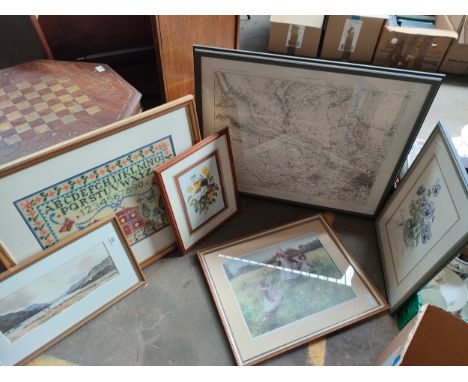 A Selection of mixed art works includes ordnance survey map of glasgow scotland, water colour country side scene signed m jac