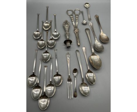 A Collection of Birmingham silver flatwares. Includes Victorian silver grape scissors produced by John Gilbert- John Gilbert 