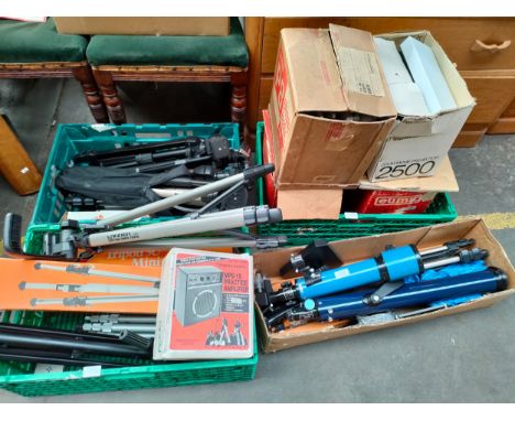 Large selection of Camera tri pods, telescopes and an amplifier. 