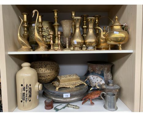 Two Shelves of collectables to include brass candles sticks, Vases, Brass pierced Indian hanging light, Brass ornate stamp ho