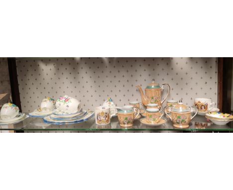 Shelf of tea ware to include art deco Gladstone tea set and royalty ware. 