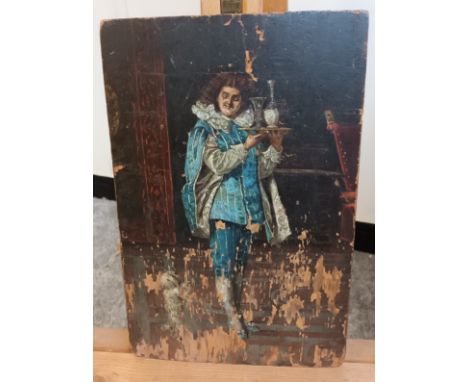 18th/19th Century painting on a wooden panel depicting a gentleman carrying a tray.[28x19cm] 
