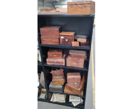 Large collection of antique document boxes, writing slope, tea caddy together with shelf of Victorian framed engravings. 