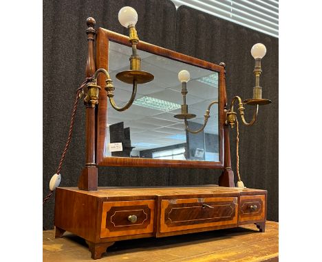 19th century table top dressing table mirror fitted with brass lighting and three section drawer front, Comes with key. [57x5