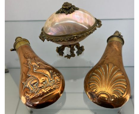 19th century Brass ormolu and mother of pearl shell lidded trinket box, Together with two antique copper and brass gun powder