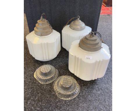 Three matching art deco milk glass ceiling lamp shades. 