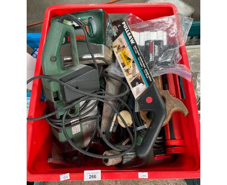 A Box of mixed electrical Bosch power tools to included sander, drill and heat gun etc 