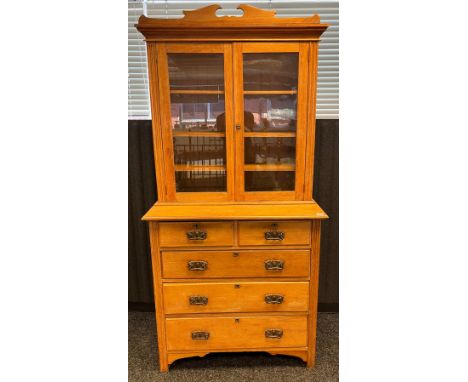 19TH Century light oak book case chest of drawers, Top section design with two glass and oak doors with interior movable shel