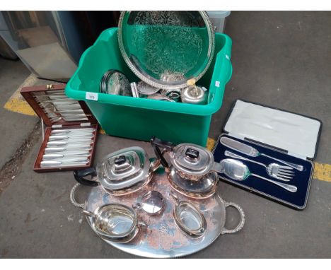 Box of silver plated ware to include Sheffield tea service, silver plated gallery tray and boxed cutlery 