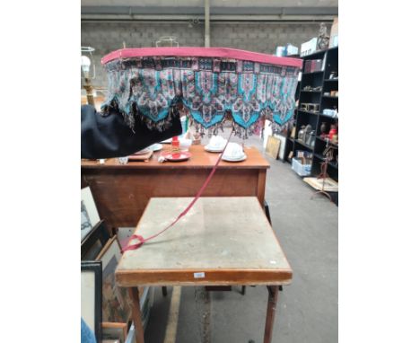 Folding card table together with hexagonal table top with eastern beadwork skirt 