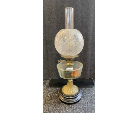 Victorian porcelain and glass oil lamp with etched glass shade. 