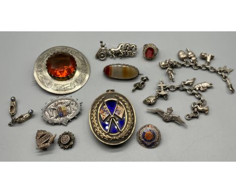 A Collection of silver and jewellery items to include large Victorian London Silver and enamel pendant, Silver and enamel roy