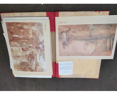 Portfolio containing various art prints and artworks to include watercolour depicting loch signed T.V.R. Print titled 'River 