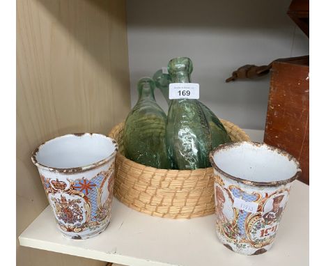 Three antique cod bottles and two enamel Royalty cups. 