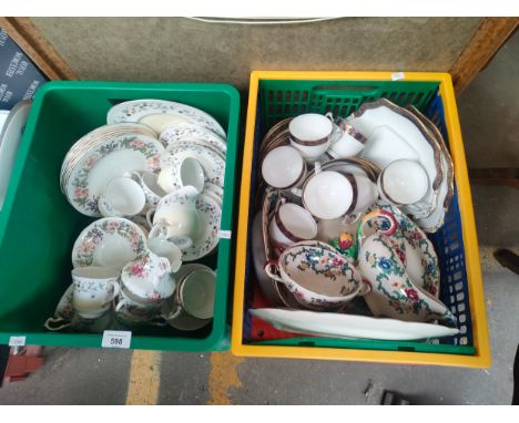 Two boxes of tea and dinner ware to include Royal Cauldon Victoria pattern cups and plates and Adderley and Royal Tuscan tea 