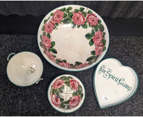 Wemyss Cabbage Rose design large bowl, strainer, and two handled bowl [handle damaged] together with Wemyss heart dish [For S