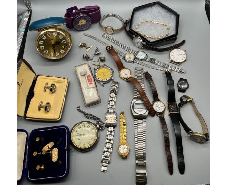 A Collection of mixed watches, cuff links and pins. Watches include makes such as Timex, Sekonda and Accurist. The lot also i