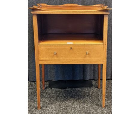 19th century side table, the rectangular inlaid top with moulded scallop edging, above an open shelf and frieze drawer, raise