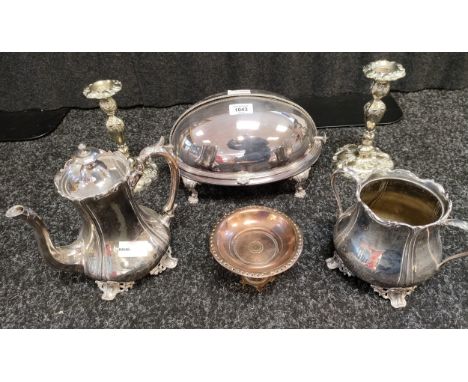 Selection of silver plated ware to include teapot by Shaw &amp; Fisher, antique dome topped server and a pair of silver plate