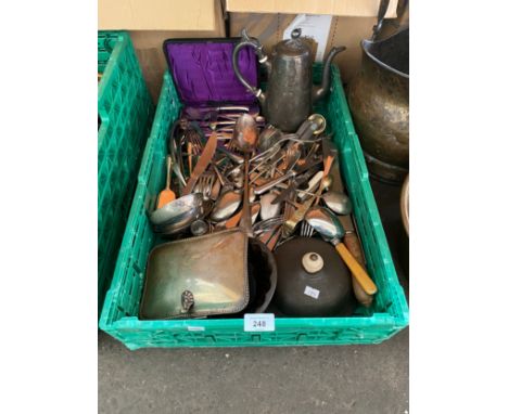 A Crate of silver plated and E.P flatwares includes ladles, coffee pot and boxed butter knives. 