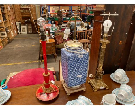 Three various table lamps to include red chinoiserie hand painted lamp, brass Corinthian column lamp and large oriental blue 